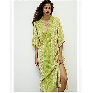 Zara Long Embroidered Green cotton Kaftan  Dress sz.M